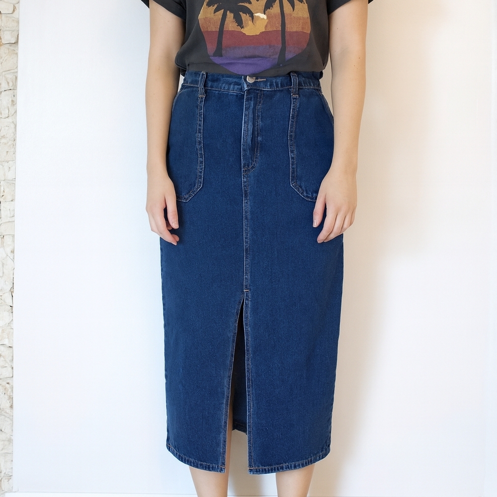 NWOT Ardene Denim Skirt Women's Medium Blue Cotton Front Slit Long